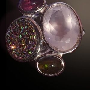 Pink & Green Tourmaline Druzy Quartz Cluster Statement Ring 925